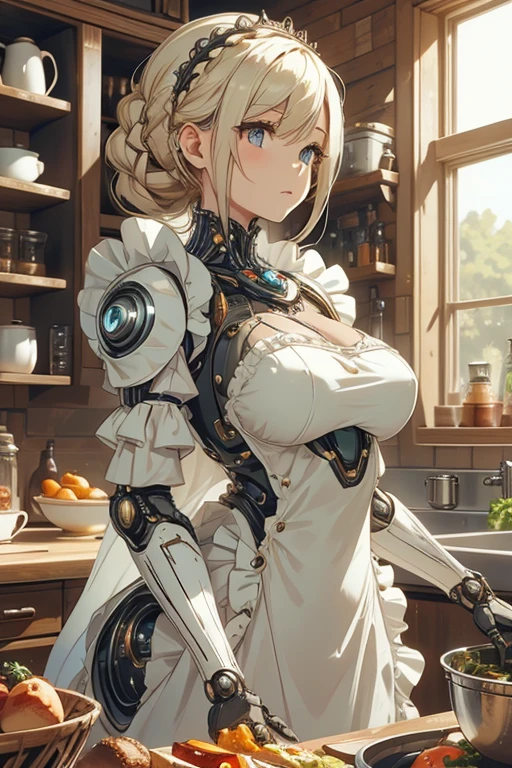 Housewife robot girl with a voluptuous body prepares lunch in a very bright kitchen with lots of natural lighting. the sun generates reflections on the metal of your body. She wears a ruffled kitchen apron and a dress that covers part of her robotic body.. Reelmech, mechanical parts, cable, wires, machinery, Joints, body suit. She has a sweet but expressionless face and pale blonde hair in a crown braid.