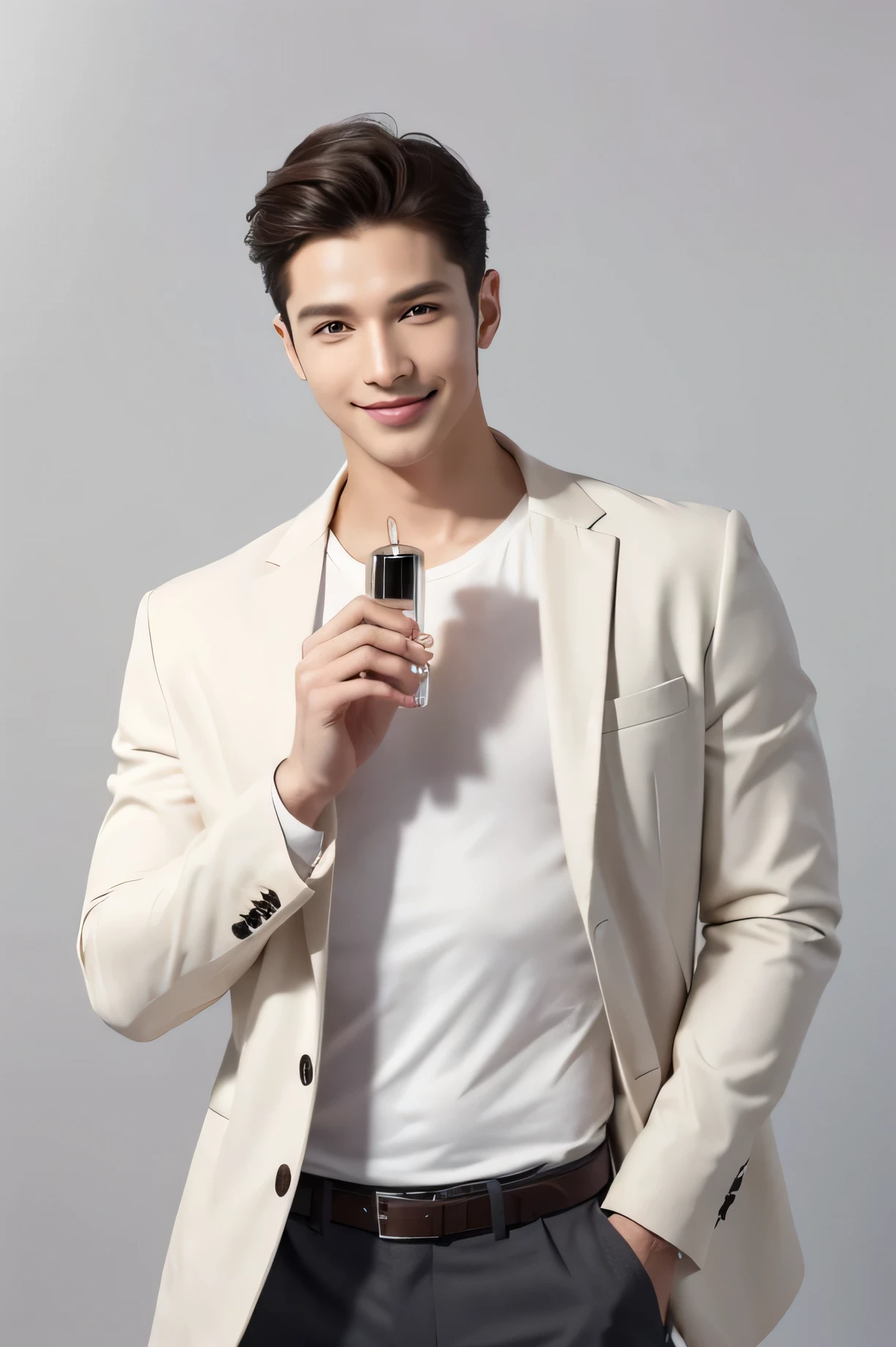 A young man with a neat and elegant appearance, holding a perfume bottle in his hand. The man had neatly styled hair, wore a simple white shirt with a jacket, and smiled confidently. The background is plain with neutral colors such as white or grey, so the main focus is on the man and the perfume bottle he is holding