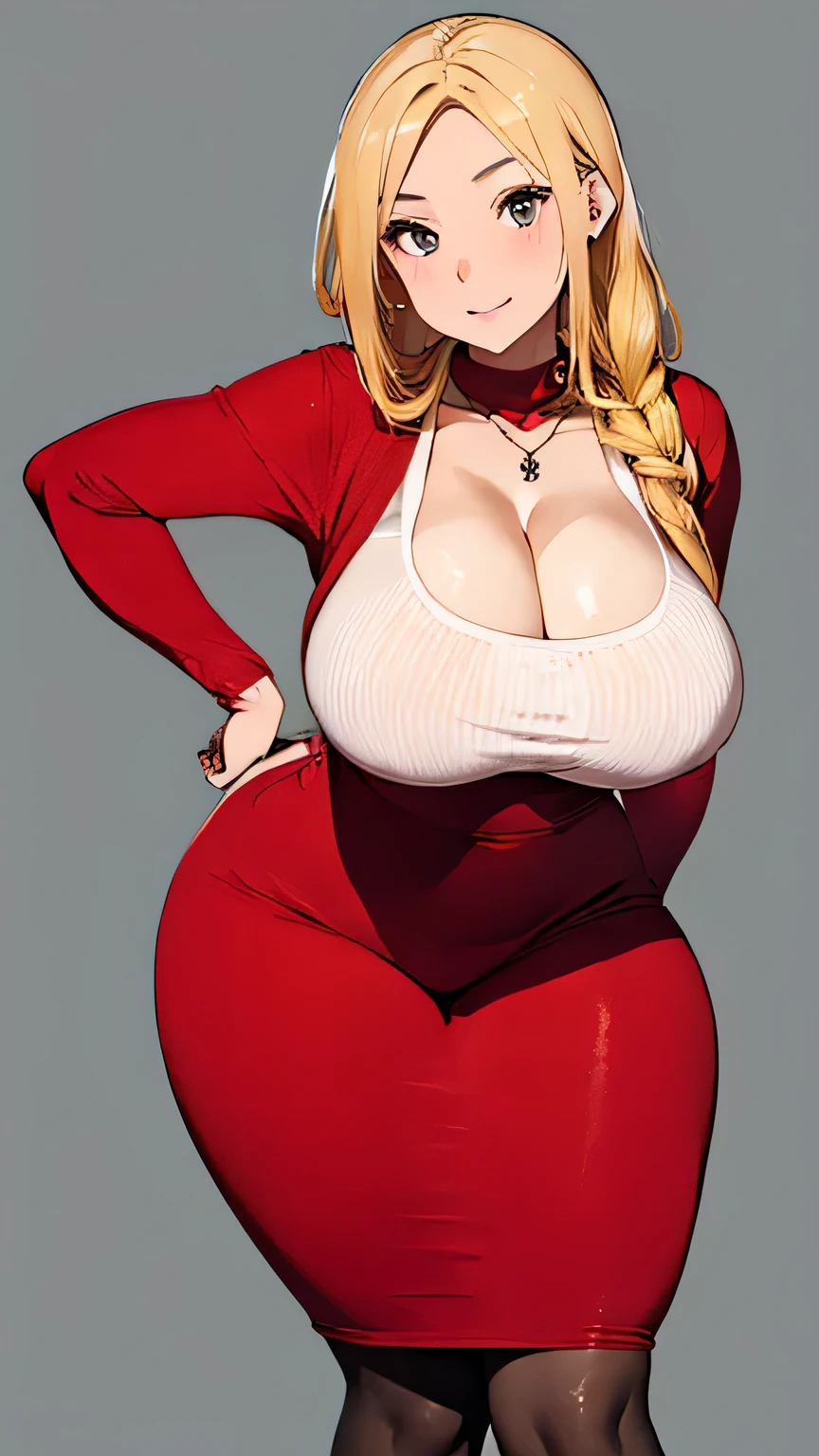 Best quality, high detailed, 8K quality, 4k resolution, Full body 20 years old chinese girl, blonde hair, necklace, gorgeous face, massive breast, curvy body, wearing tight red sweater, shiny long cleavage, massive breast and huge butt, playful expression, pose with both hands