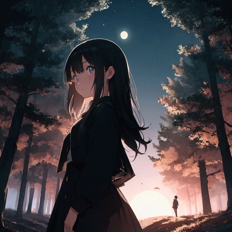 1girl, 1boy, face to face, hill, forest, moon, night, silhouette,