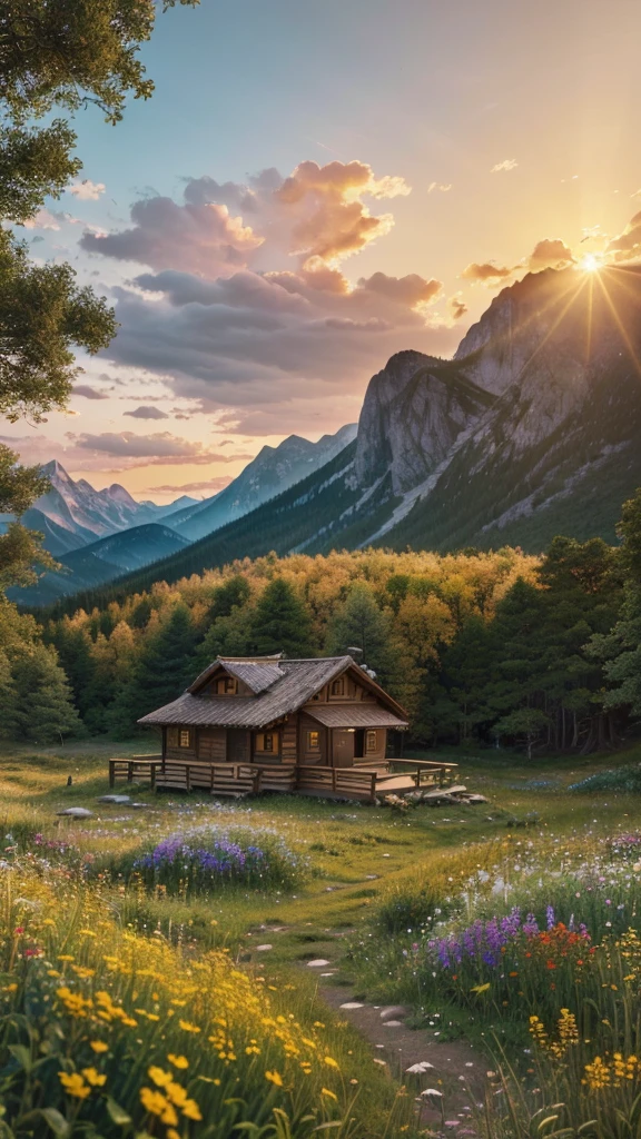 a beautiful detailed landscape, a hiking hut surrounded by lush wildflowers, golden hour lighting, serene tranquil mountain scenery, cinematic composition, photorealistic, highly detailed, masterpiece, warm colors, (best quality,8k,highres,masterpiece:1.2),ultra-detailed,(realistic,photorealistic,photo-realistic:1.37),landscape