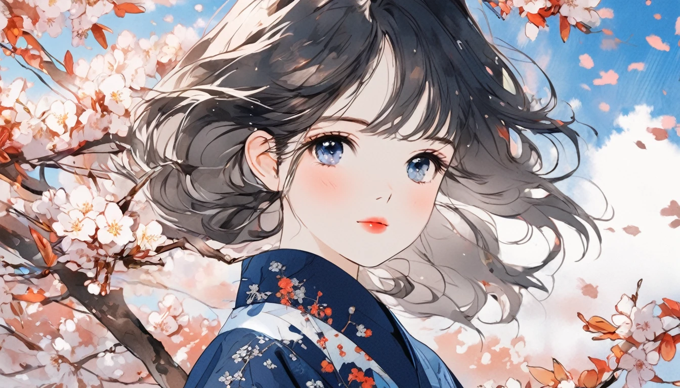 Illustrator、anime、Realistic、sketch、1 Girl、sweater、order、Blue sky background、hair、Texture Trim、(masterpiece、Highest quality)Best of luck、Half of the screen is cherry blossoms、dark autumn leaves、Ink Painting、It&#39;s in the center of the background