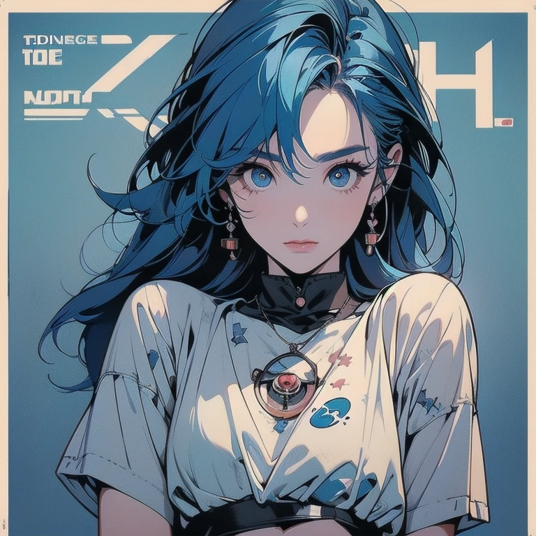 Trigun、people、Beautiful woman、Movie Posters、Upper Body、Model pose、mysterious、Small breasts、Short sleeve、(((A detailed and complex drone)))、(((The perfect drone)))、(((Blue Hair Color)))、(((Many eyeballs)))