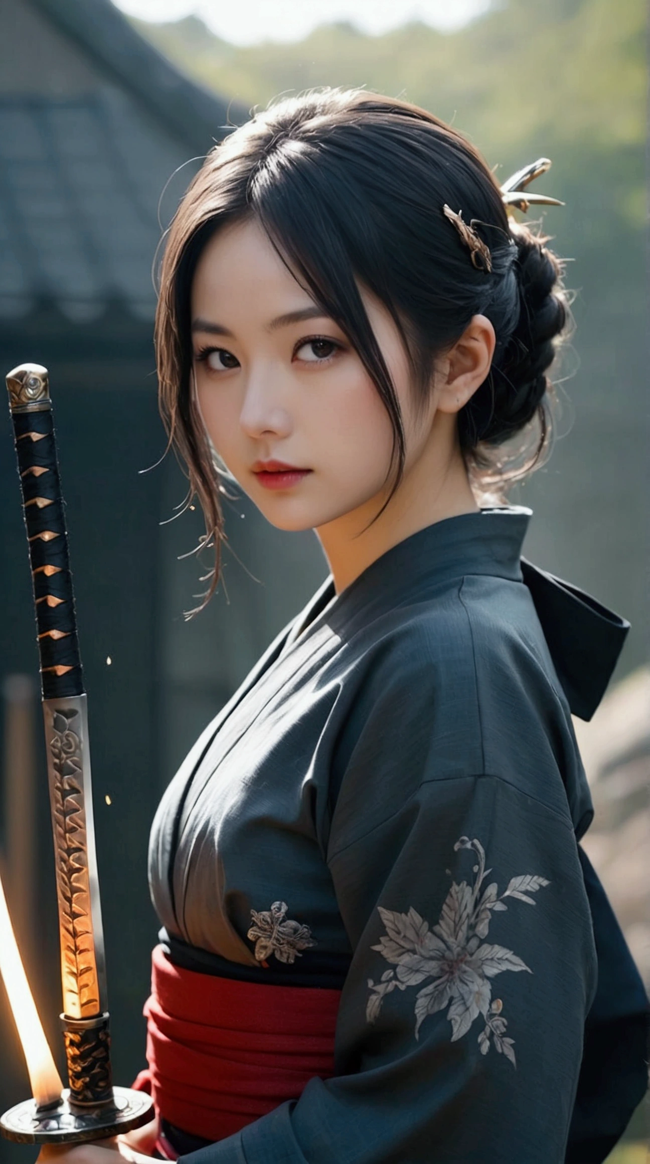 (Japanese sword &reference;Muramasa 2&reference;.2)Beautiful 27 year old woman、Japanese women、Tie your hair back、Hair ornament artist、Shinobi Costume、Warrior、Clear Eyes、{Arm tattoo(SakuraFubuki}’Warrior、(Japanese swordを両手で構える、1.3)(Japanese sword1.2)Intermediate position、whole body、A long-edged sword、Realistic battle scenes、敵Warriorの返りBlood、Blood、High resolution、Highest quality、Very detailed、8k、background、The castle is burning、Sparks fly、