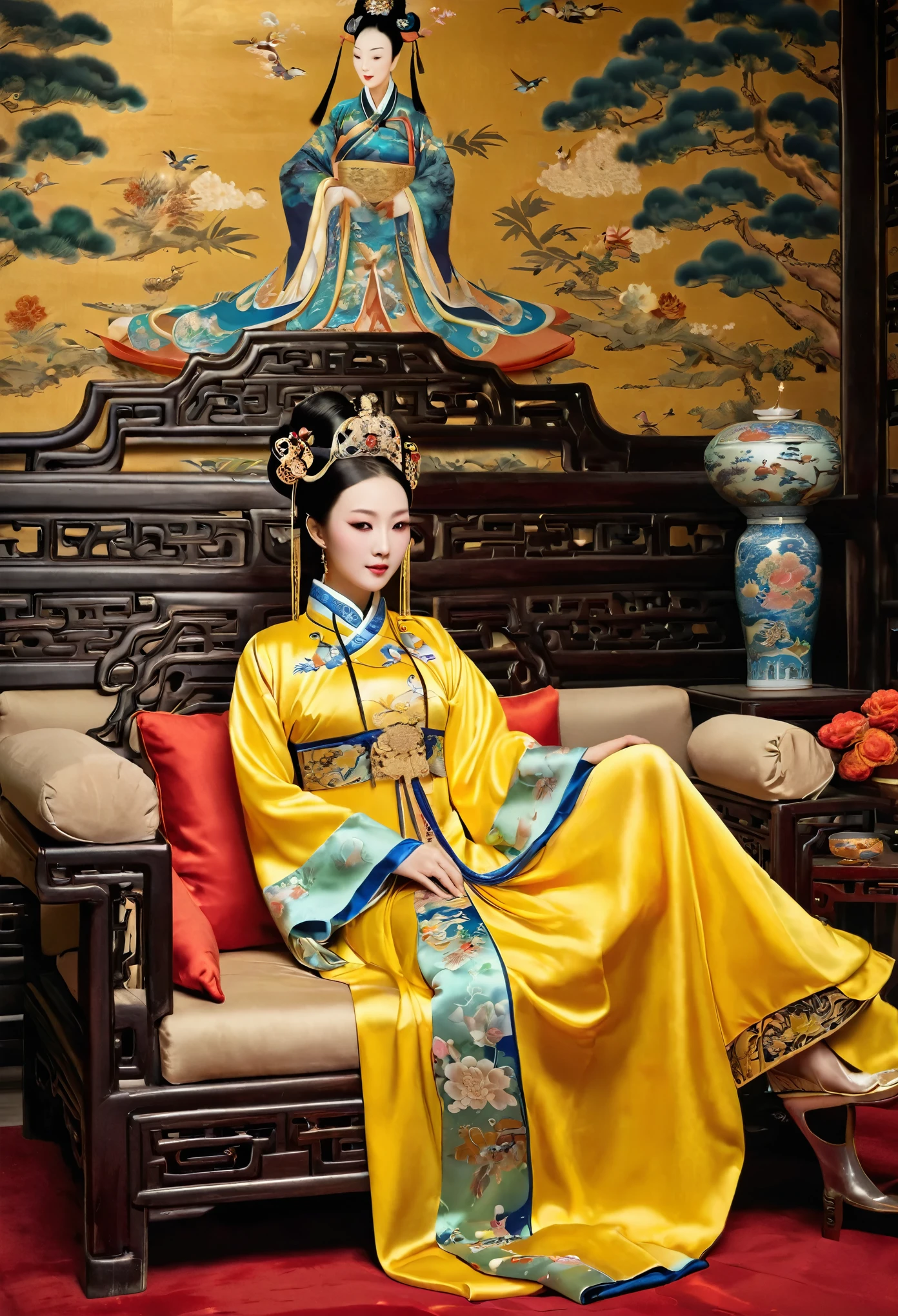 Gorgeous Empress of the Chinese Court during the Qing Dynasty Gorgeous Empress of the Chinese Court on a sofa, nude, large and golden, with her legs on the sofa, wide open, knees bent, in an M pose (pornographic pose), with her hair tied on both sides The background of this perverted and erotic woman wearing a crown and tying her hair is the Chinese court of the Qing Dynasty. The scene is set in the luxurious room of an empress in the Qing Dynasty Chinese court.

Translated with DeepL.com (free version)