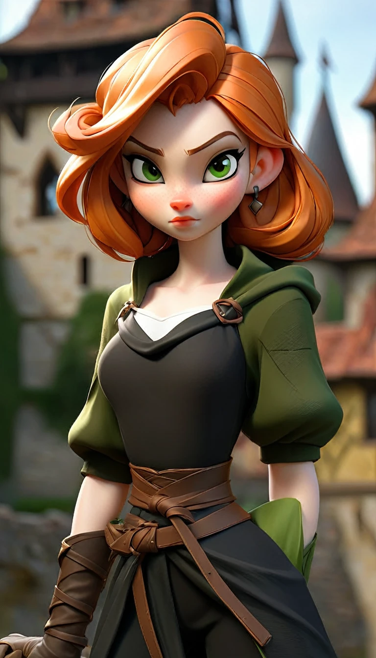 best quality, masterpiece, detailed, perfect face, beautiful face, fantasy, medieval, lady, fair skin, green eyes, ginger hair worn in a loose bun with side bangs, short hair, straight hair, black clothes, rogue, thief, rogue clothes, black clothes, medieval clothes, long sleeved, black shirt with straps and carrying cases, lowered hood, lowered mask, black pants, black boots, covered cleavage, covered chest, holding dagger, full body, smiling, castle background