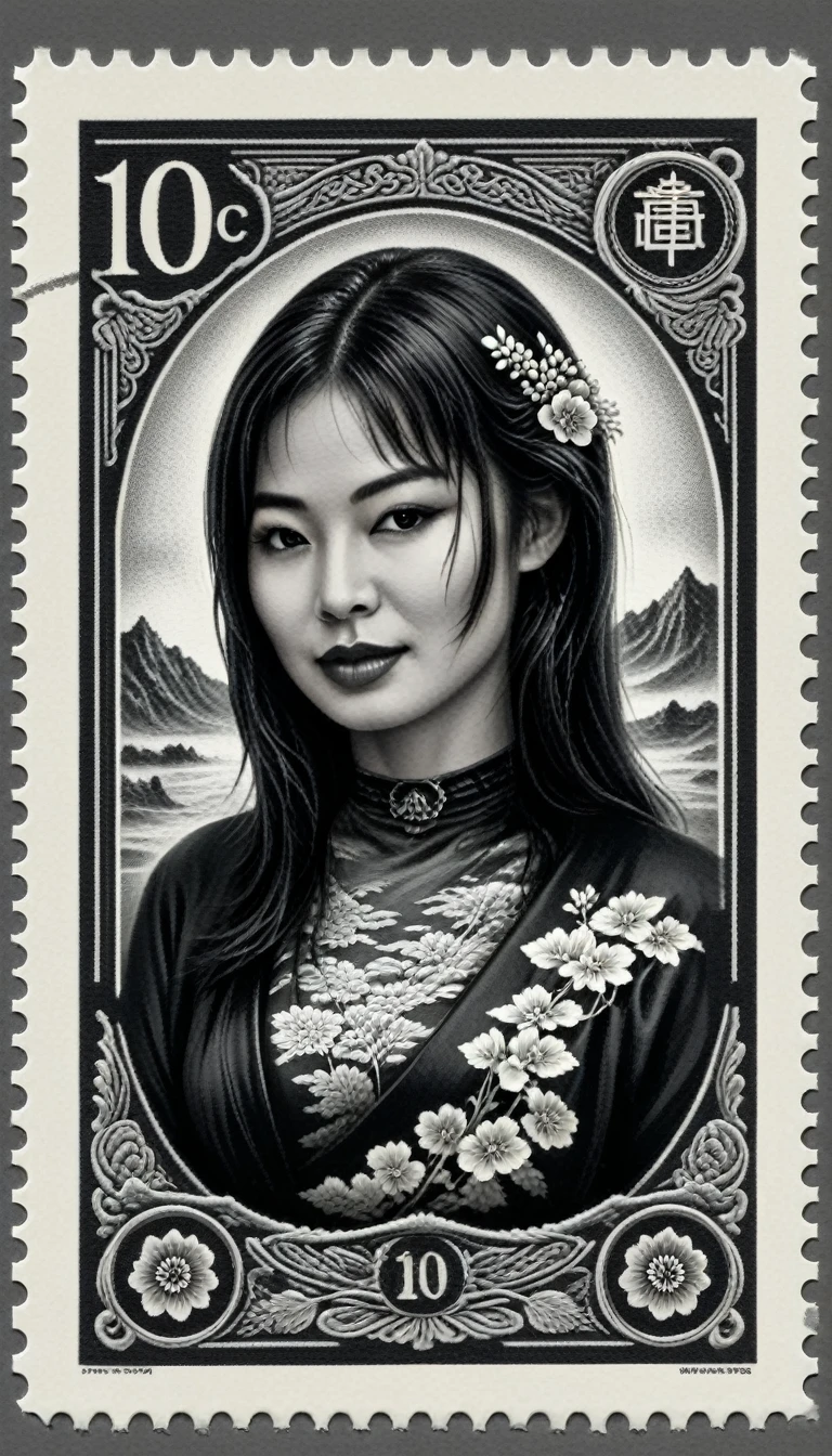 monochrome,shepia,grayscale,3d, a half body,line art,vector,stamped embossed, fillagree, realistic, pretty, lovely,landscap art retro,Japanese woman, old vintage stamp, ink punk,dinamic,ink art , comic book, cartoon,colors, sketch, tiny detailed, masterpiece, artstation trends, sharp focus, ,bold high quality, intricate details,vector style for t-shirt,ultra detailed, high resolution,kodew