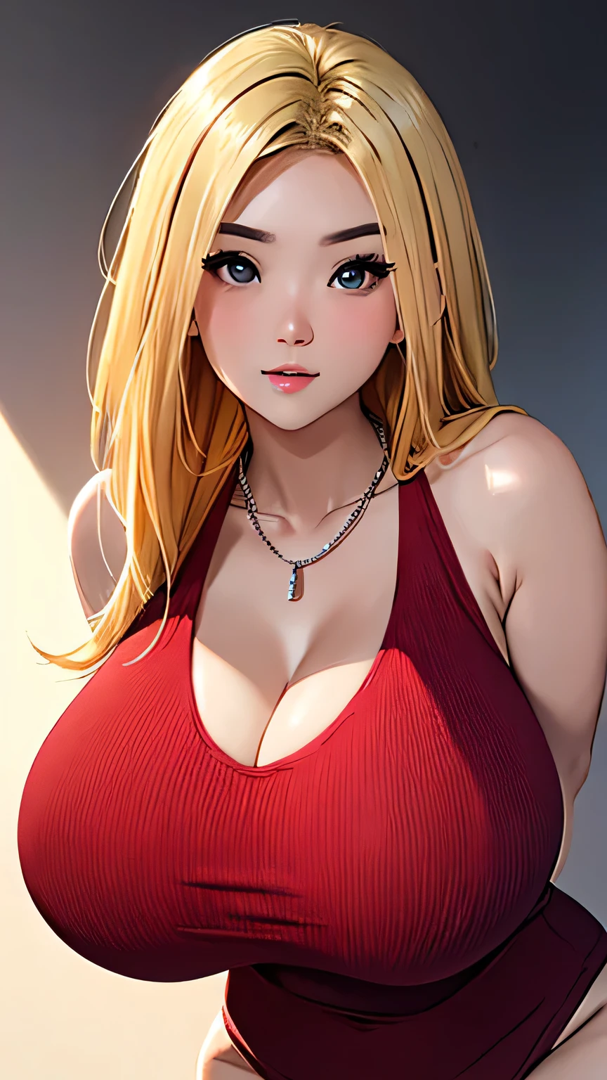 Best quality, high detailed, 8K quality, 4k resolution, Full body 20 years old chinese girl, blonde hair, necklace, gorgeous face, massive breast, curvy body, wearing tight red sweater, shiny long cleavage, massive breast and huge butt, playful expression, pose with both hands