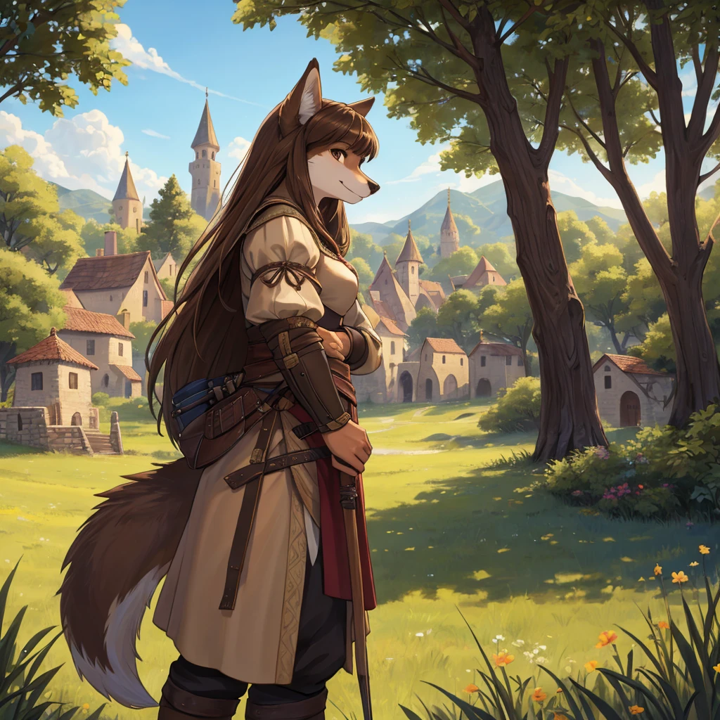 (very detailed illustration: 1.2), best quality, masterpiece, solo, natural lighting, An young female anthro wolf with dark brown fur, she has brown eyes and dark brown hair, she is dressed in archer clothing from the medieval era, she is in an open field, on his sides there are trees and behind her is a village from the medieval era, she is smiling while she has her bow and arrows on her back.