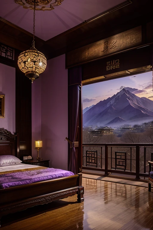 lilac purple gold room in beautiful palatial and gloomy chinese castle in china with mountains and lakes, bedrooms 