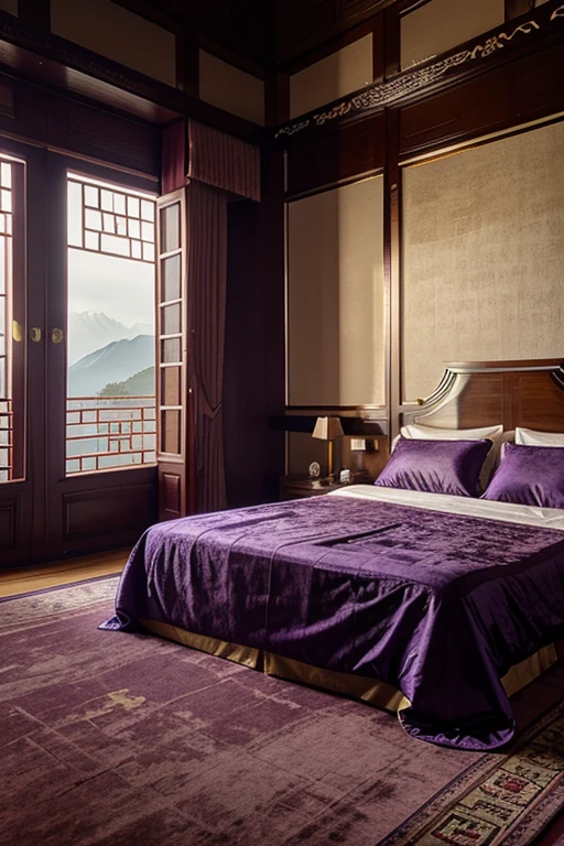 lilac purple gold room in beautiful palatial and gloomy chinese castle in china with mountains and lakes, bedrooms 