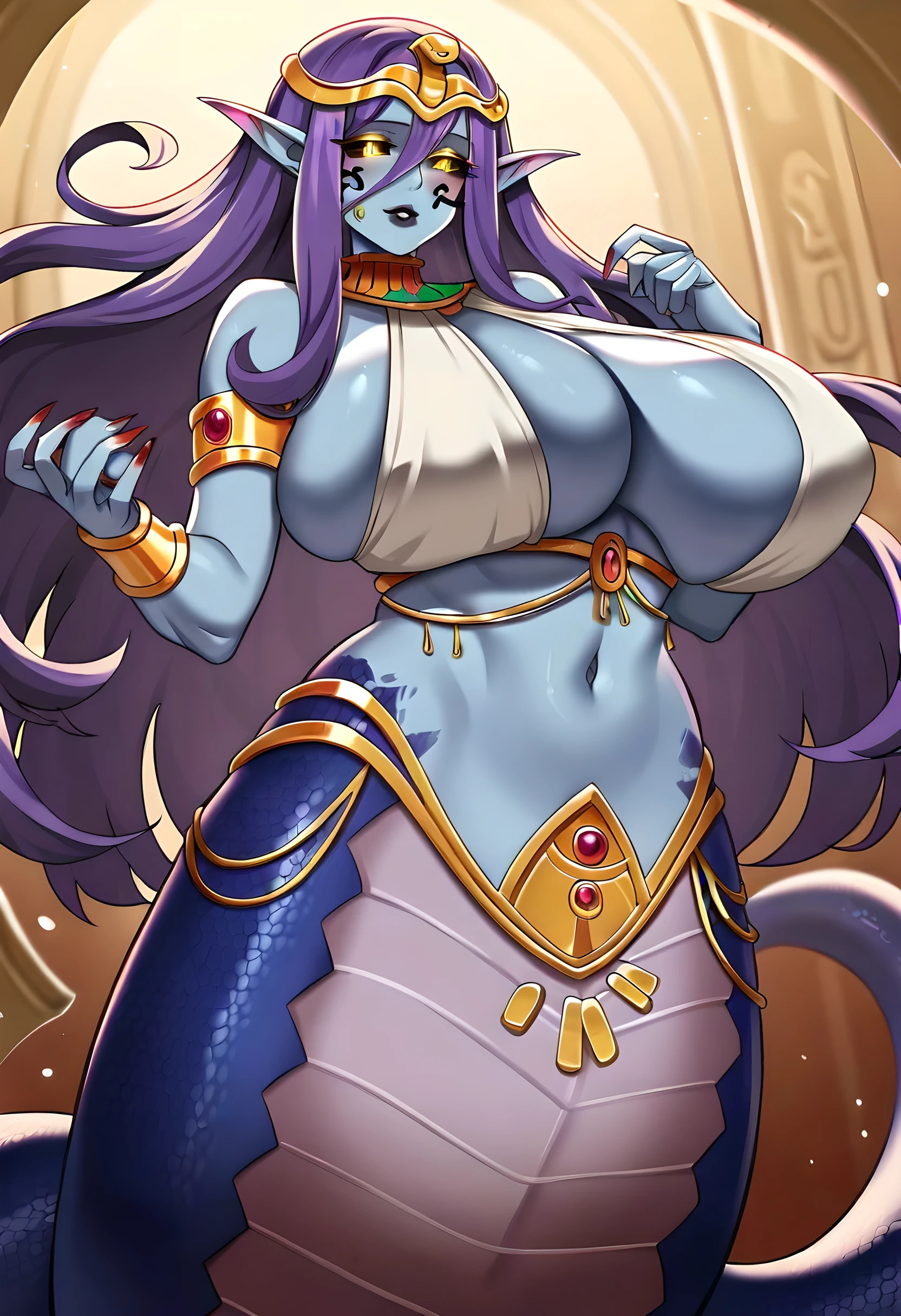 1girl, lamia, monster girl, milf, mother lamia, red nails, black lipstick, huge breast, light skin, blue scales, goddess, glowing eyes, black sclera, yellow eyes, long purple hair, hair between eyes, Egyptian dress, dark goddess, face markings, purple markings, demon queen, sharp scales, giant girl, mother of destruction