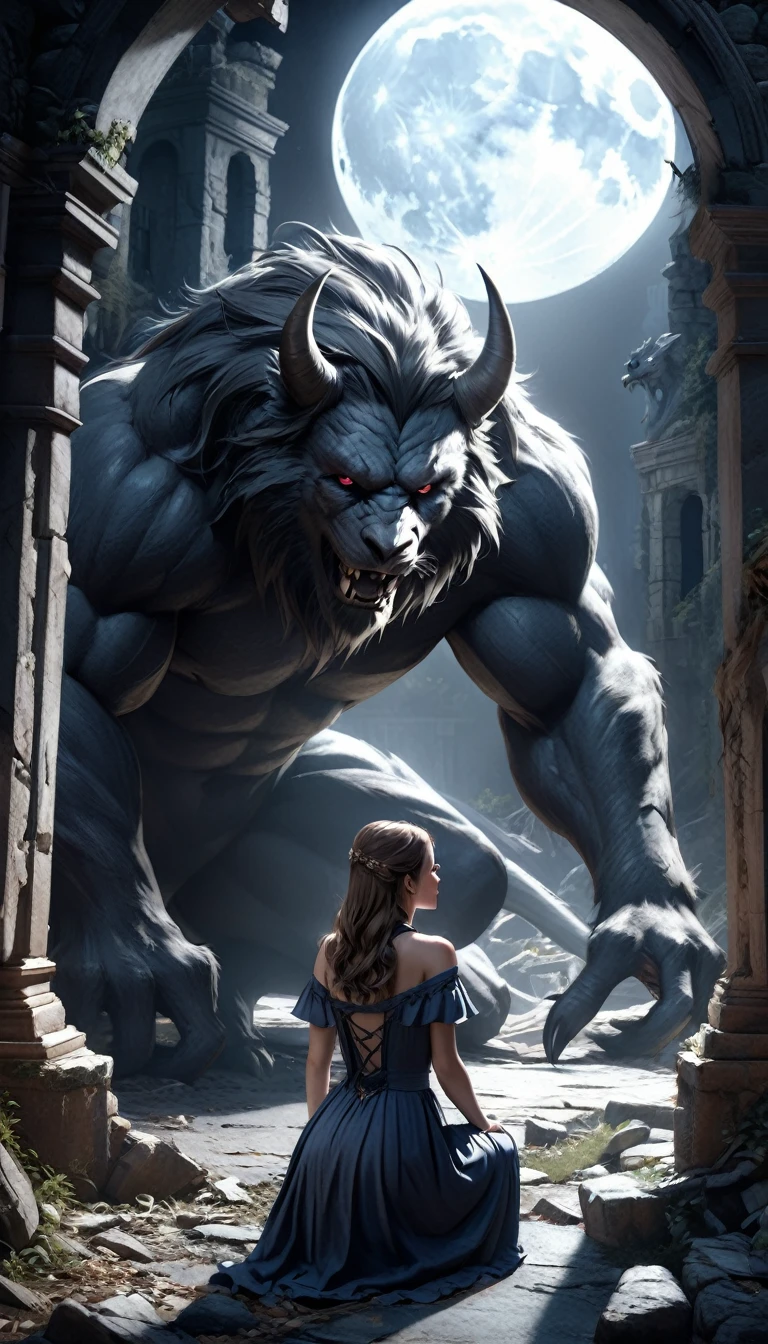 a beautiful young woman in a dark fantasy landscape, kneeling in front of a demonic monster, moonlight shining in the background, ruins and dark environment, (best quality,4k,8k,highres,masterpiece:1.2),ultra-detailed,(realistic,photorealistic,photo-realistic:1.37),dark fantasy,moonlight confession,beauty and the beast,woman kneeling before beast,big moon in background,horror,immersive ruins background,dark,dramatic lighting,chiaroscuro,cinematic composition,intricate details,dramatic shadows,moody atmosphere