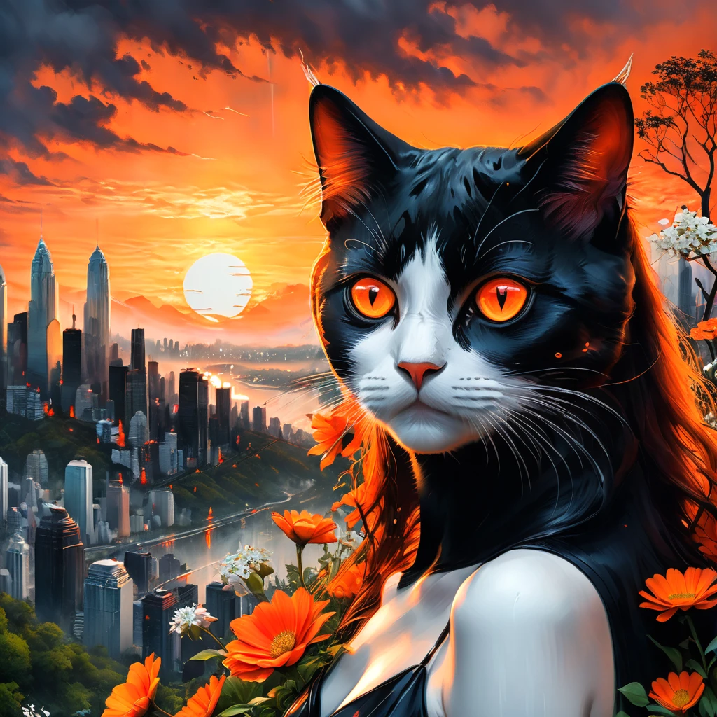 a dual-faced figure,dark face with vibrant orange flowers,black cat,forest,light face with white flowers,teardrops,urban skyline at sunset,striking fiery orange eyes,blend of nature and emotions,mystique and fantasy,best quality,4k,8k,highres,masterpiece:1.2,ultra-detailed,realistic,photorealistic,photo-realistic:1.37,digital art,surreal