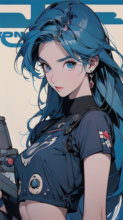 Trigun、people、Beautiful woman、Movie Posters、Upper Body、Model pose、mysterious、Small breasts、Short sleeve、(((A detailed and complex drone)))、(((The perfect drone)))、(((Blue Hair Color)))、(((Many eyeballs)))