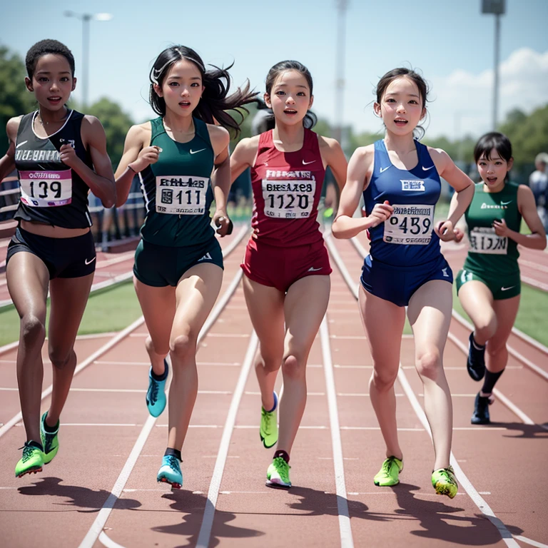 SFW,  ExtremelyDetailed (((Track Athlete Kids group in a row:1.4))), Childish perfect face, Reflective Eyes, Detailed(Delicate Clothing textures), Corrected Leg to Foot Line,Corrected Perfect Hand, Dynamic Joyful Expressions LifeLike Rendering, ((Specular Reflection:1.2)), mirrors, TopQuality 8K Ultra-detailed masterpiece (ProfessionalPhoto:1.37)(Acutance:0.8),(Luminism),(Exposed:0.33)