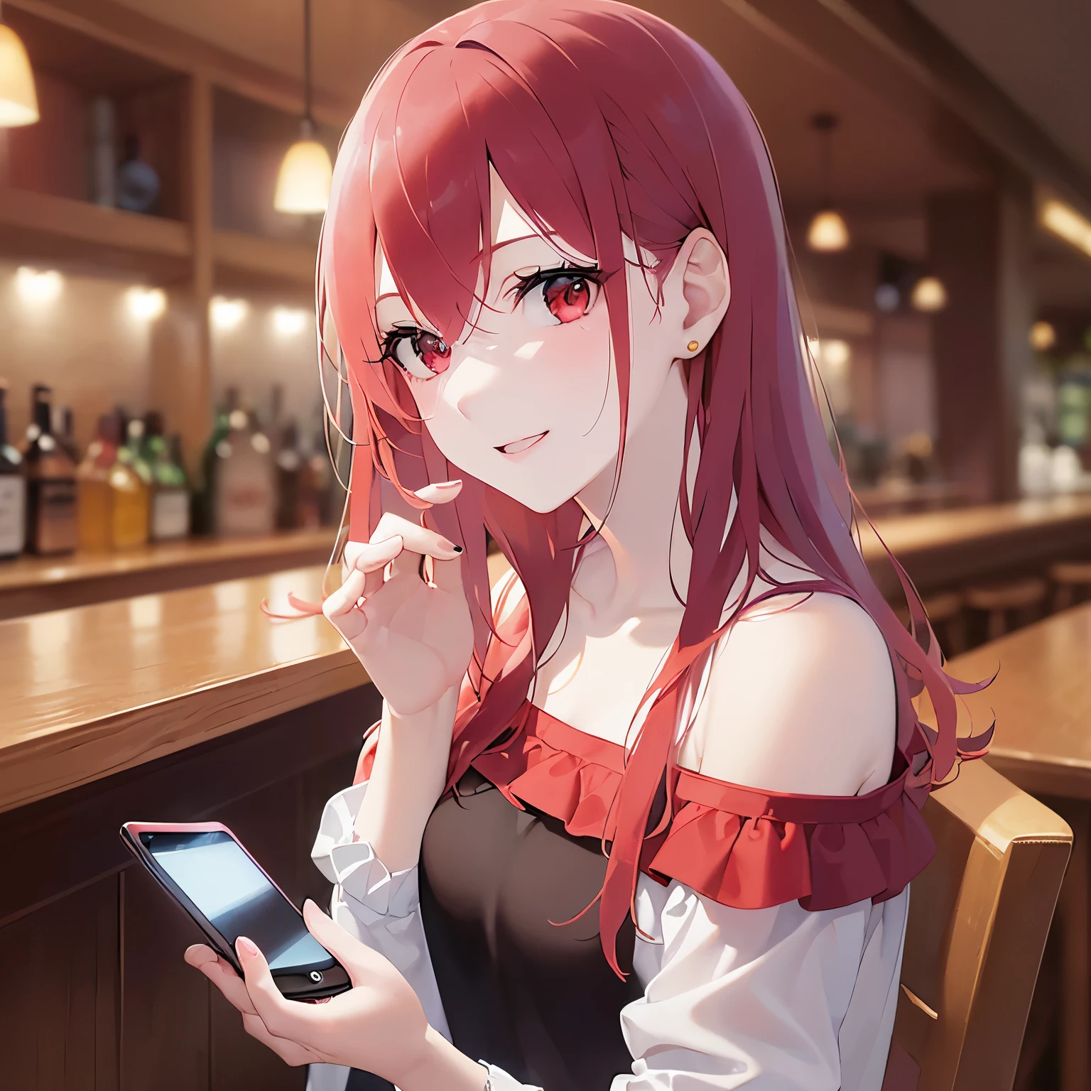 Upper Body,(handling_smart_phone, smart_phone:1.2)、
Realistic, real person, (pale skin: 1.2), RAW photo, photorealistic, portrait photography, shiny skin, shiny hair、(Medium Hair) and (red hair) and (red eyes) ,
、blush, smile, The background is the interior of a bar at night.、Alone、
(red) and (off shoulder blouse)