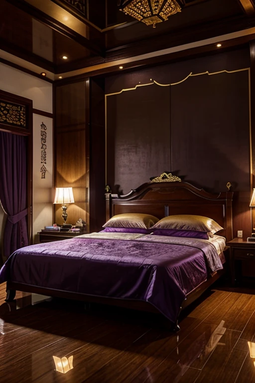 lilac purple gold room in beautiful palatial and gloomy chinese castle in china with mountains and lakes, bedrooms 