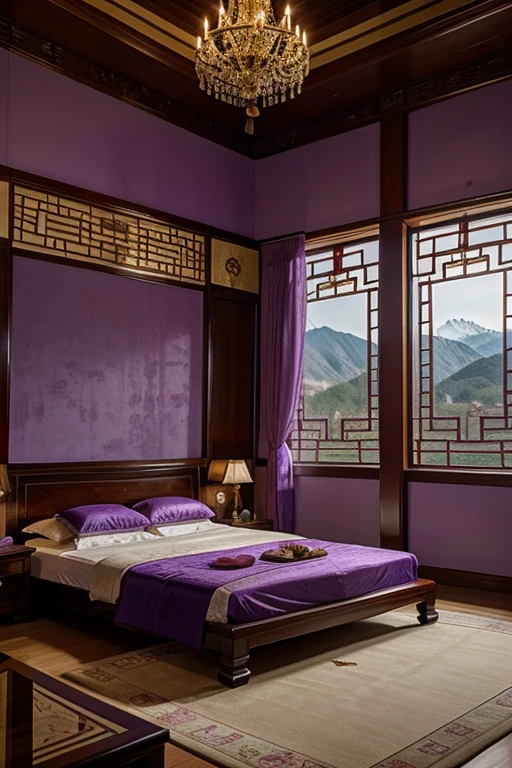 lilac purple gold room in beautiful palatial and gloomy chinese castle in china with mountains and lakes, bedrooms