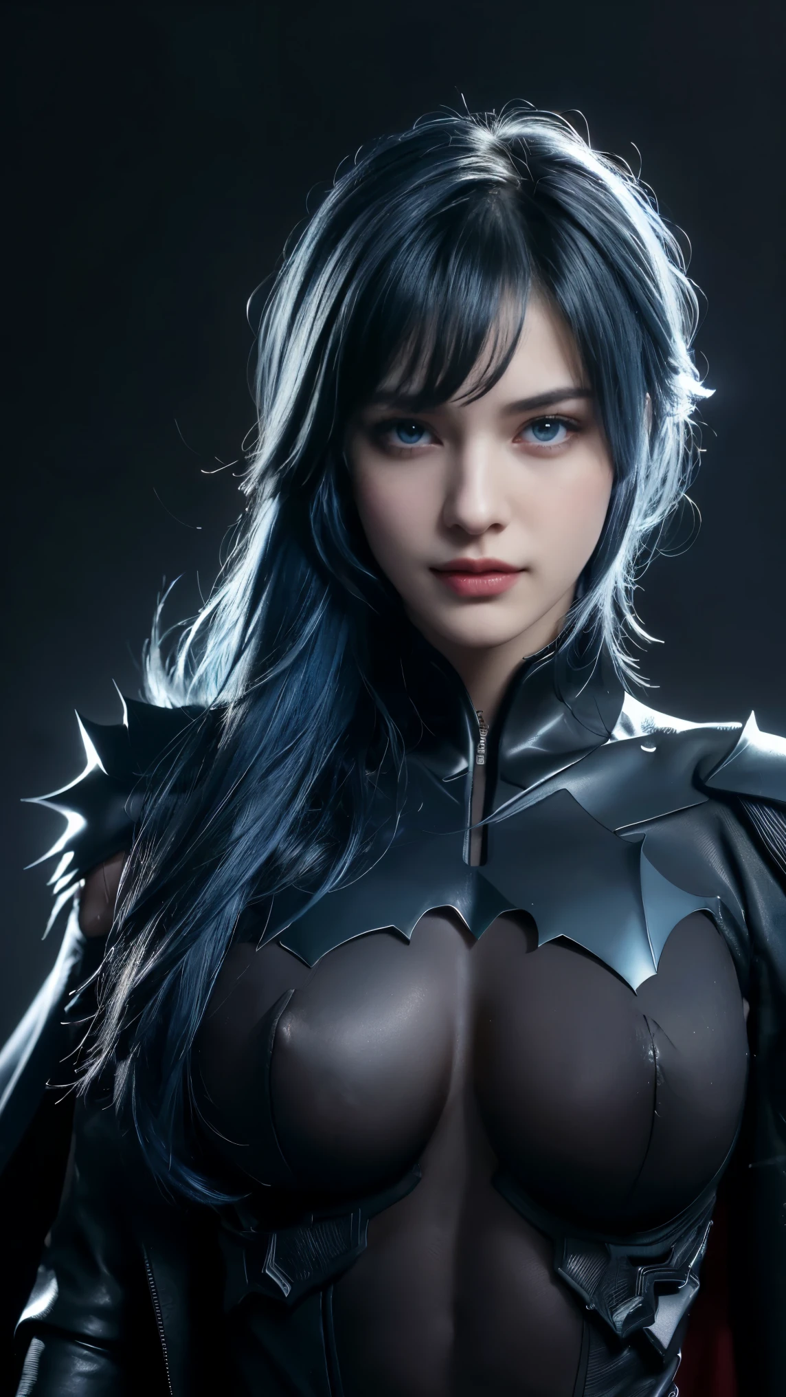8K, Top Quality, Intricate Details, Ultra Detail, Ultra High Resolution, Masterpiece, close up shot, face shot, close up shot, portrait, face shot, passport shot, (full body: 1.1), Slender, Smile, ((smirk)) (Makeup: 0.4), ((,)), (Fluffy blue Eyes: 1.21), (()), 1girl, solo, 1 girl, ((, ,bangs, blue hair, bangs, long hair, bangs, messy hair )), close up shot, , ((tall)), (((fit body))), (((slim face))), sharp face, ((, wind blow hair, )) , (detailed face), sharp face, small lips, ((batman suit, batman eye mask, batman suit, batman mask, )), , (( )), detailed face, detailed breast, , ((detailed nipples)), detail ass, Narrow Waist, Skinny, tall , 175 cm tall, Muscular, Navel, Exposed Abdomen, Pointed Chest,, Beautiful girl with accentuated slender abs: 1.4, Six Pack Abs: 1.4, Bust Botox, Big, Perfect Body, detail leg, (( dark background)), black background,