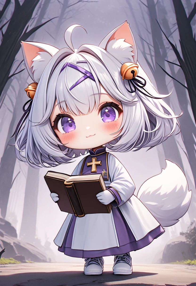 master piece, best quality, ultra-detailed, illustration, 1girl, solo, chibi, (big head), cute pose, front view, looking at viewer, ((full body Close up)), filian, filianoverall, Filiansailor, ((white hair)) , short hair, shoulder length hair, fly-away hair, bangs, (purple hair ornament:1.3), (purple hairclip:1.3), cat ears, (hair bell:1.3) ahoge, purple eyes, blush, smiling, fluffy tail, ((priest outfit)), white robe with crucifix design, long sleeves, white gloves, holding a bible , white shoes, spooky forest background, gloomy atmosphere, broken trees