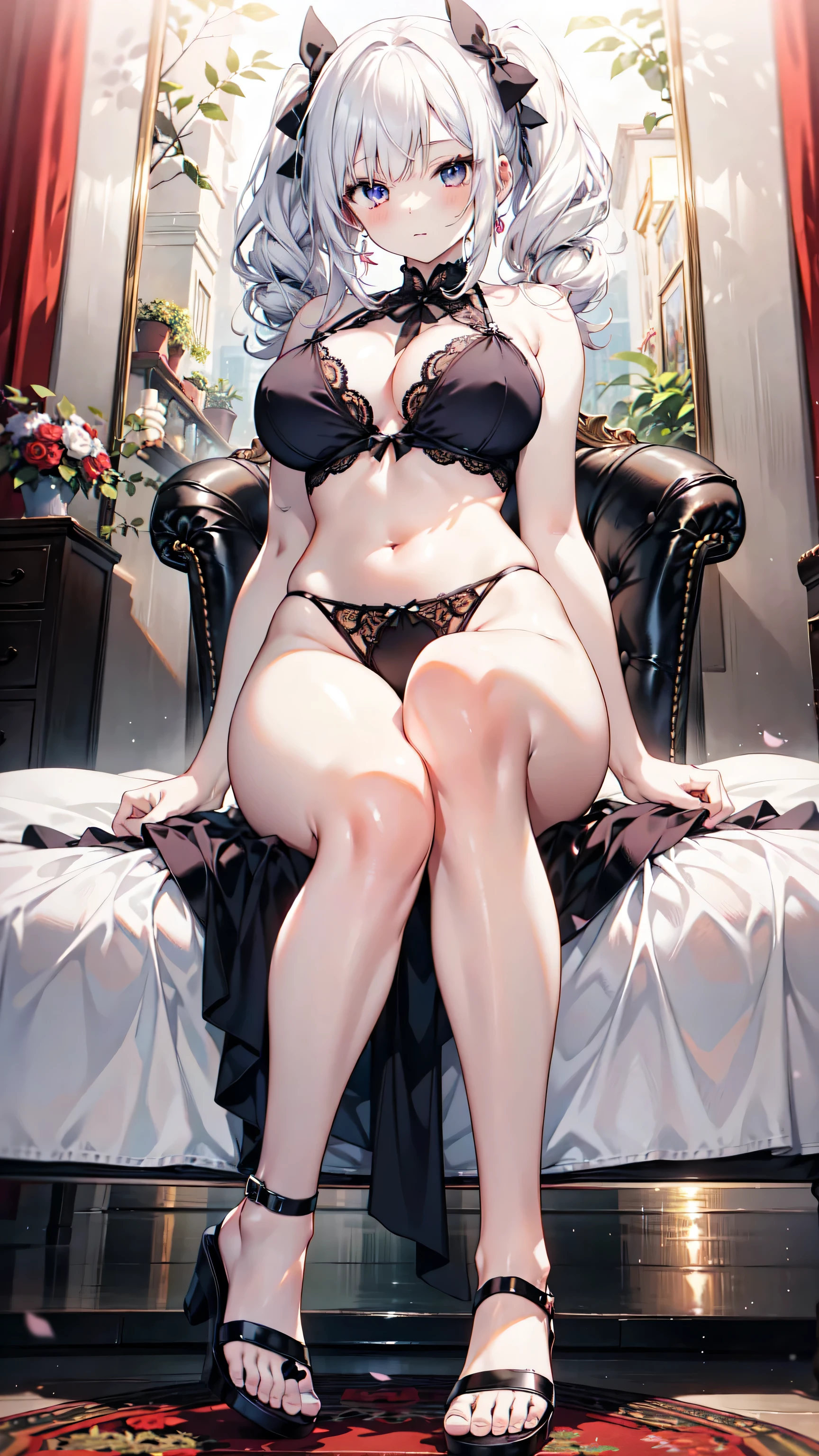 1 female，Attractive anime girl,whole body portrait，whole body，White lingerie，White hair，Various hairstyles，Pale skin、Pale skin、Large breasts，White sandals