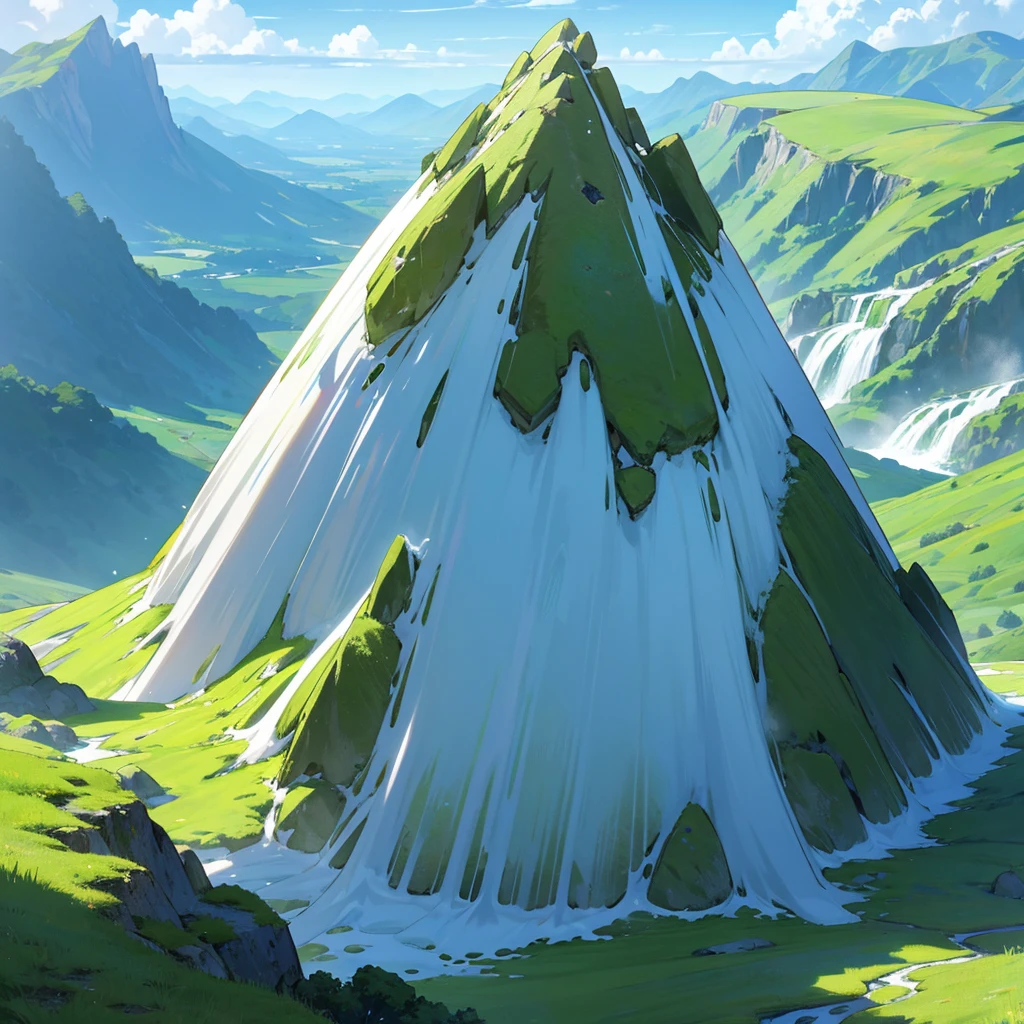 A fantasy milk waterfall and surrounding green grass and diamond rock, background diamond emerald mountains,12k quality