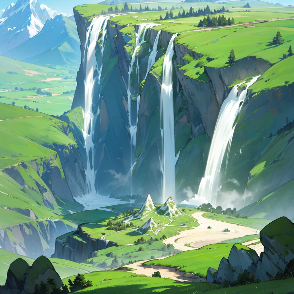 A fantasy milk waterfall and surrounding green grass and diamond rock, background diamond emerald mountains,12k quality 
