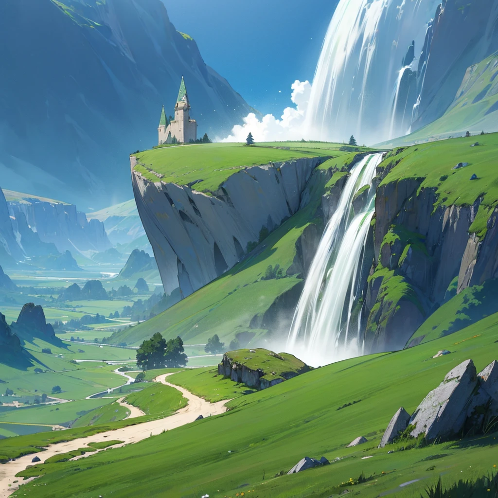 A fantasy milk waterfall and surrounding green grass and diamond rock, background diamond emerald mountains,12k quality