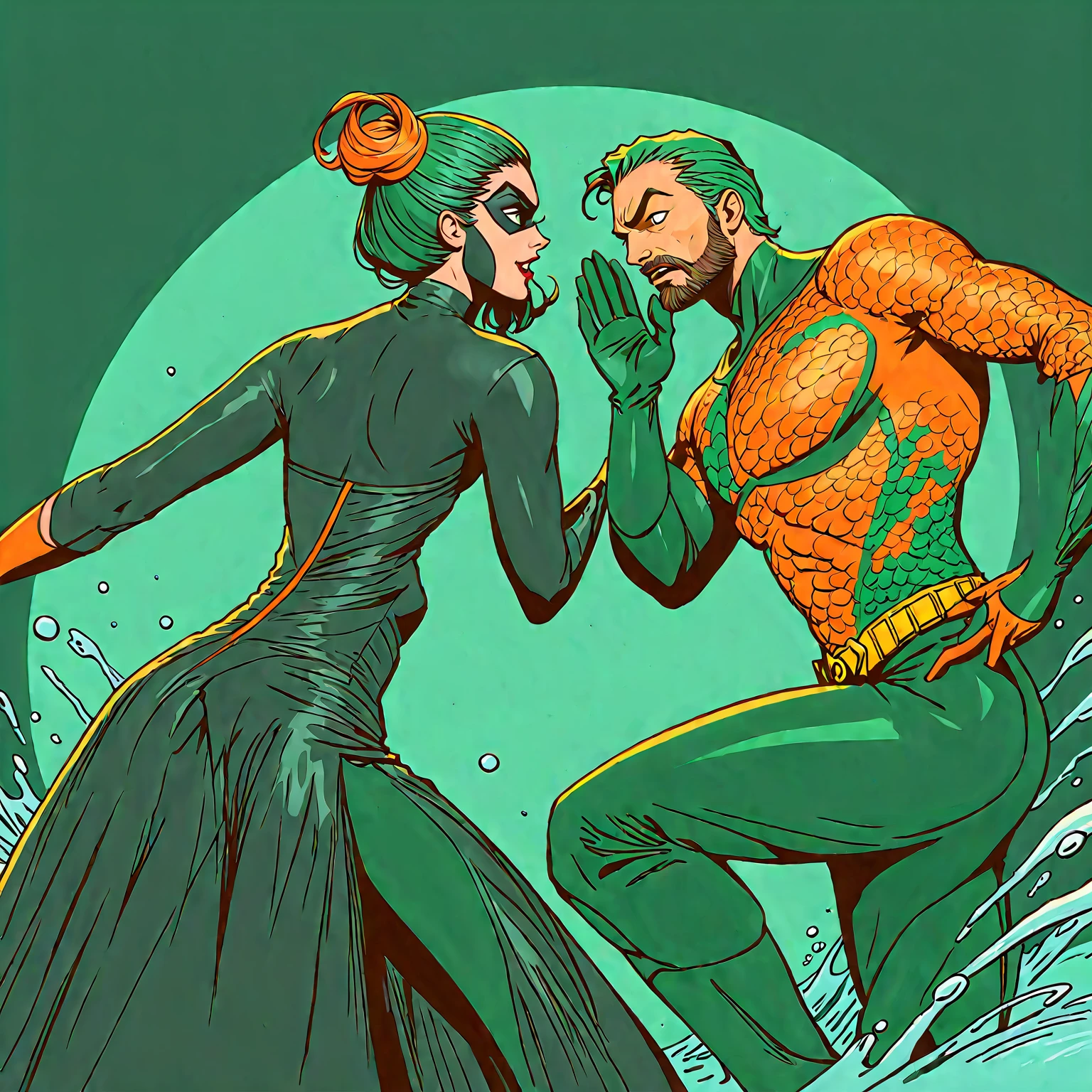 whisper, secret, moonlit confession, aquaman and catwoman, vintage orange and green sea hero Aquaman confessing to leather maxi dress elegant graceful catwoman, cartooonish excessive zany wacky unhinged stanky boogie dance, action shot, funky bop dancing, line drawing, minimal, 1990s style, angular sketch style, perfect, serene, cinematic, bold distinct coloring, solid colors, cartoon style features expression, aquaman motioning gesture to tell confession, surreal