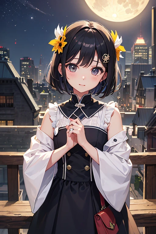 Highest quality、Black Hair、Iris、short hair、girl、cute、16 years old、、Small hair ornament、1 person、cuteワンピース、Full moon night、Confession、Handing over the ring、Cheeks are a little red、I&#39;m a little embarrassed