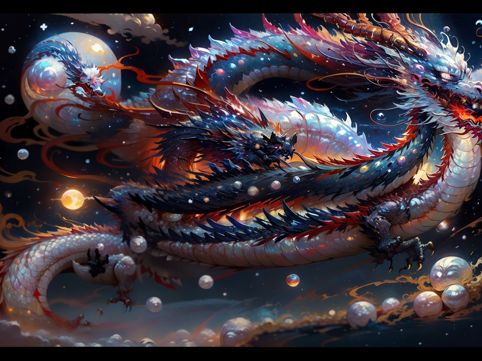 A Chinese dragon flying in the night sky, The moon illuminates the vibrant colors of dragon scales ((Red, blue, Kaneko:1.3)), Mid-20th century vintage oil painting vibe ((Van Gogh style:1.2)), (Pearl Teeth:1.5), fiery eyes, Cosmic stars in the background, (galaxy:1.3), Spitfire, inspiRed by the works of Xu Beihong.