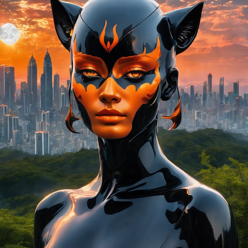 a dual-faced figure,dark face with vibrant orange flowers,black cat,forest,light face with white flowers,teardrops,urban skyline at sunset,striking fiery orange eyes,blend of nature and emotions,mystique and fantasy,best quality,4k,8k,highres,masterpiece:1.2,ultra-detailed,realistic,photorealistic,photo-realistic:1.37,digital art,surreal