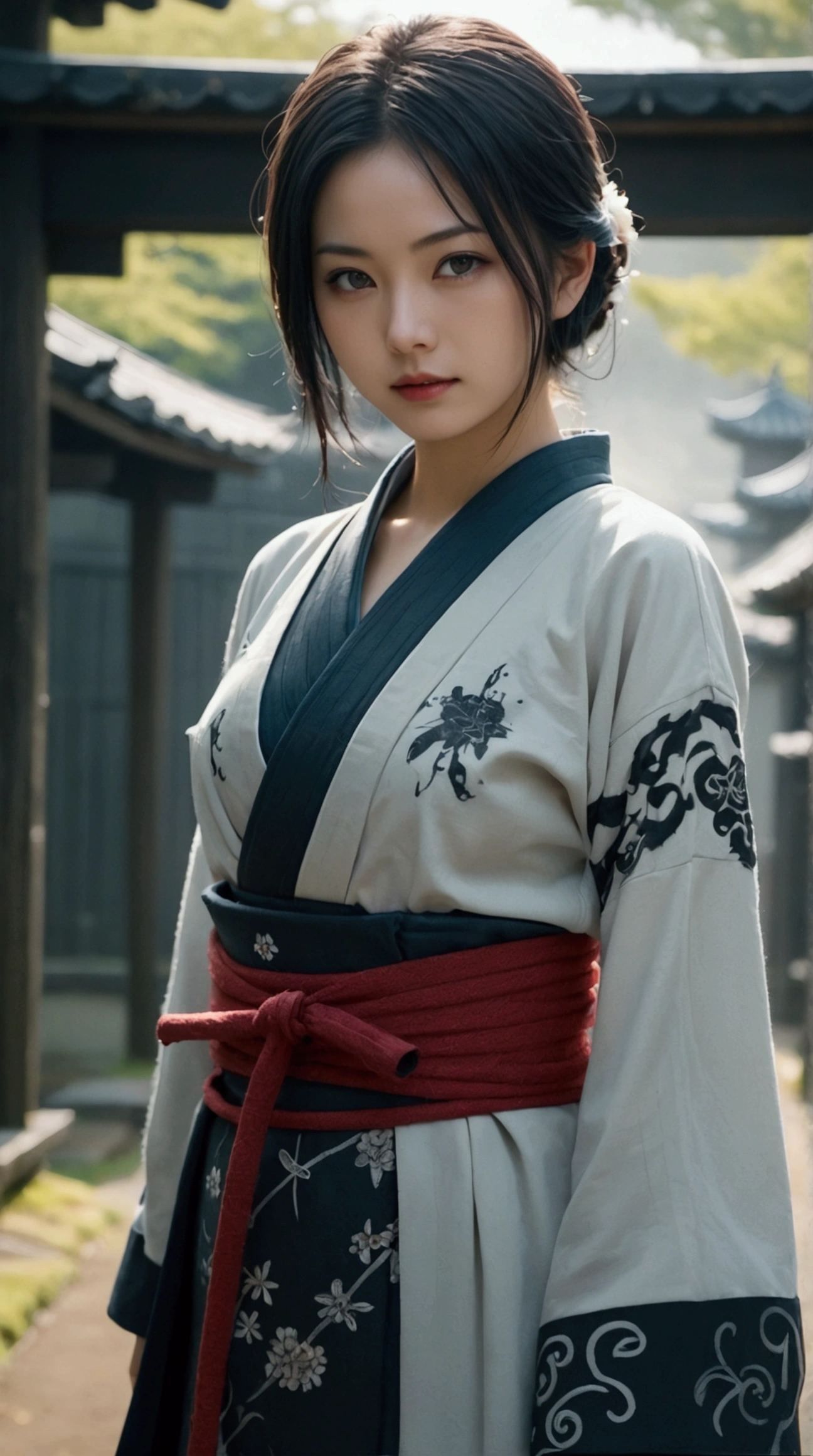 (Japanese sword &reference;Muramasa 2&reference;.2)Beautiful 27 year old woman、Japanese women、Tie your hair back、Hair ornament artist、Shinobi Costume、Warrior、Clear Eyes、{Arm tattoo(SakuraFubuki}'Tattoo on the back、Warrior、(Japanese swordを両手で構える、1.3)(Japanese sword1.2)Intermediate position、whole body、A long-edged sword、Realistic battle scenes、敵Warriorの返りBlood、Blood、High resolution、Highest quality、Very detailed、8k、background、The castle is burning、Sparks fly、