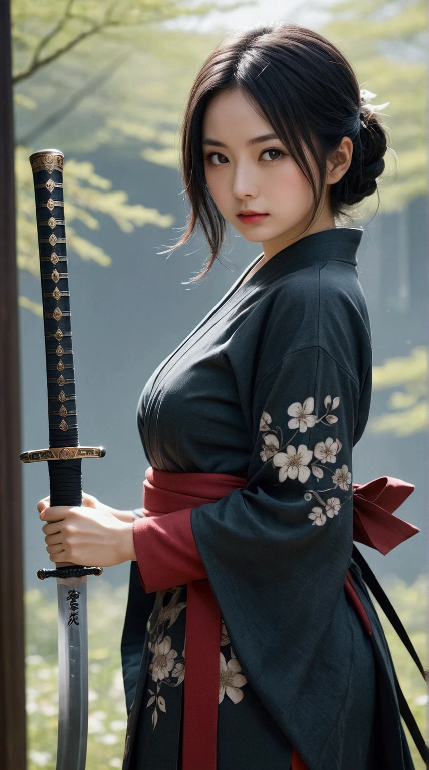 (Japanese sword &reference;Muramasa 2&reference;.2)Beautiful 27 year old woman、Japanese women、Tie your hair back、Hair ornament artist、Shinobi Costume、Warrior、Clear Eyes、{Arm tattoo(SakuraFubuki}'Tattoo on the back、Warrior、(Japanese swordを両手で構える、1.3)(Japanese sword1.2)Intermediate position、whole body、A long-edged sword、Realistic battle scenes、敵Warriorの返りBlood、Blood、High resolution、Highest quality、Very detailed、8k、background、The castle is burning、Sparks fly、