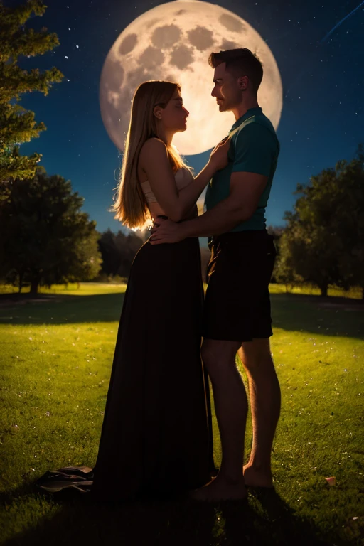 Two women standing under a full moon, one leaning in to whisper a confession, their faces softly illuminated by the moonlight