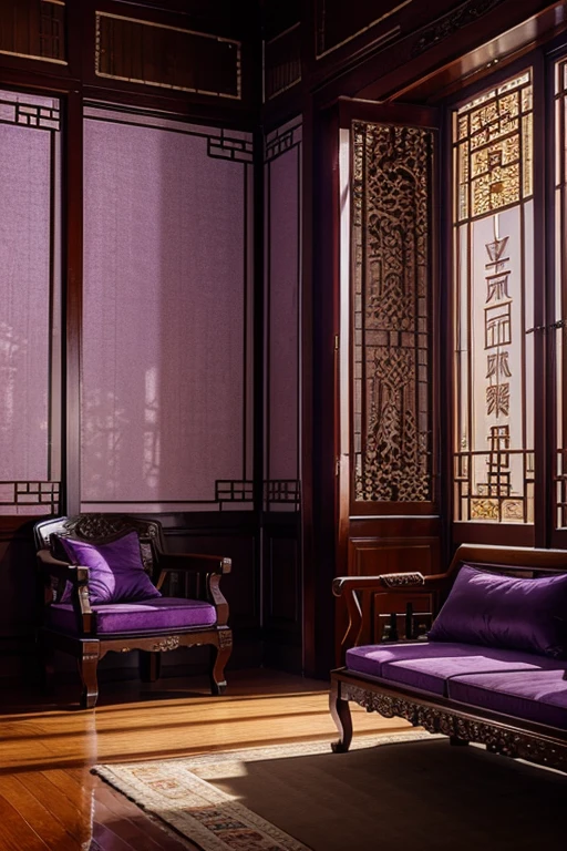 lilac purple gold room in beautiful palatial and gloomy chinese castle in china with mountains and lakes, bedrooms 