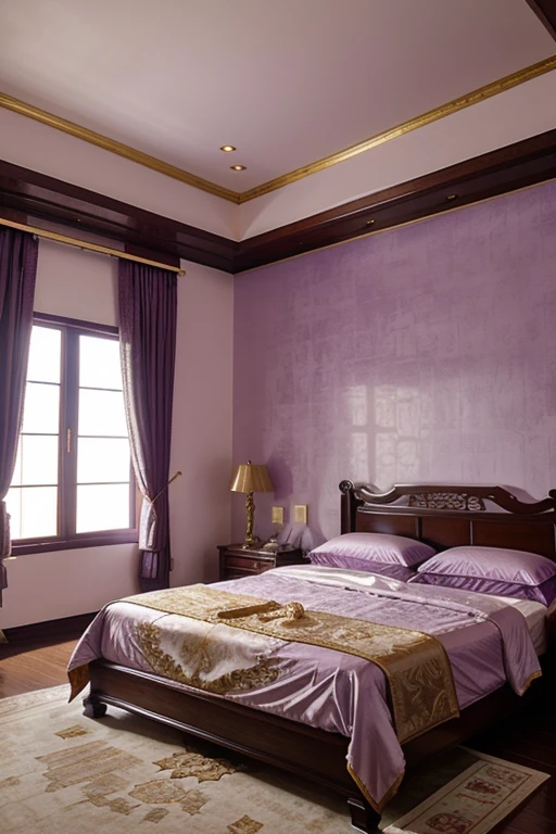 lilac purple gold room in beautiful palatial and gloomy chinese castle in china with mountains and lakes, bedrooms