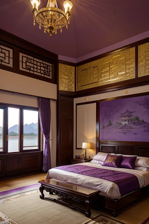lilac purple gold room in beautiful palatial and gloomy chinese castle in china with mountains and lakes, bedrooms