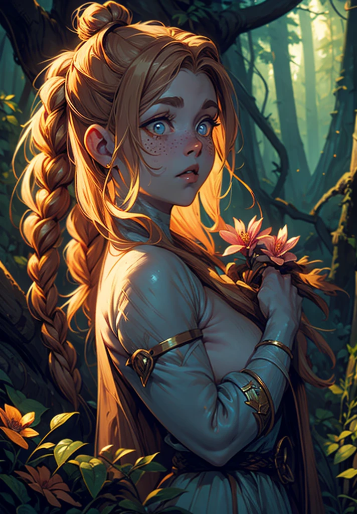 full color, (((nude:1.2))), large breast:1.3, fantasy game world, a young dwarf researcher woman in thick dark forest, blond hair, 2 buns, 2 braids, very pale skin, lots of freckles, checking a flower, large eyes, closeup of face, facing upward, thick:1.4, ashamed expression