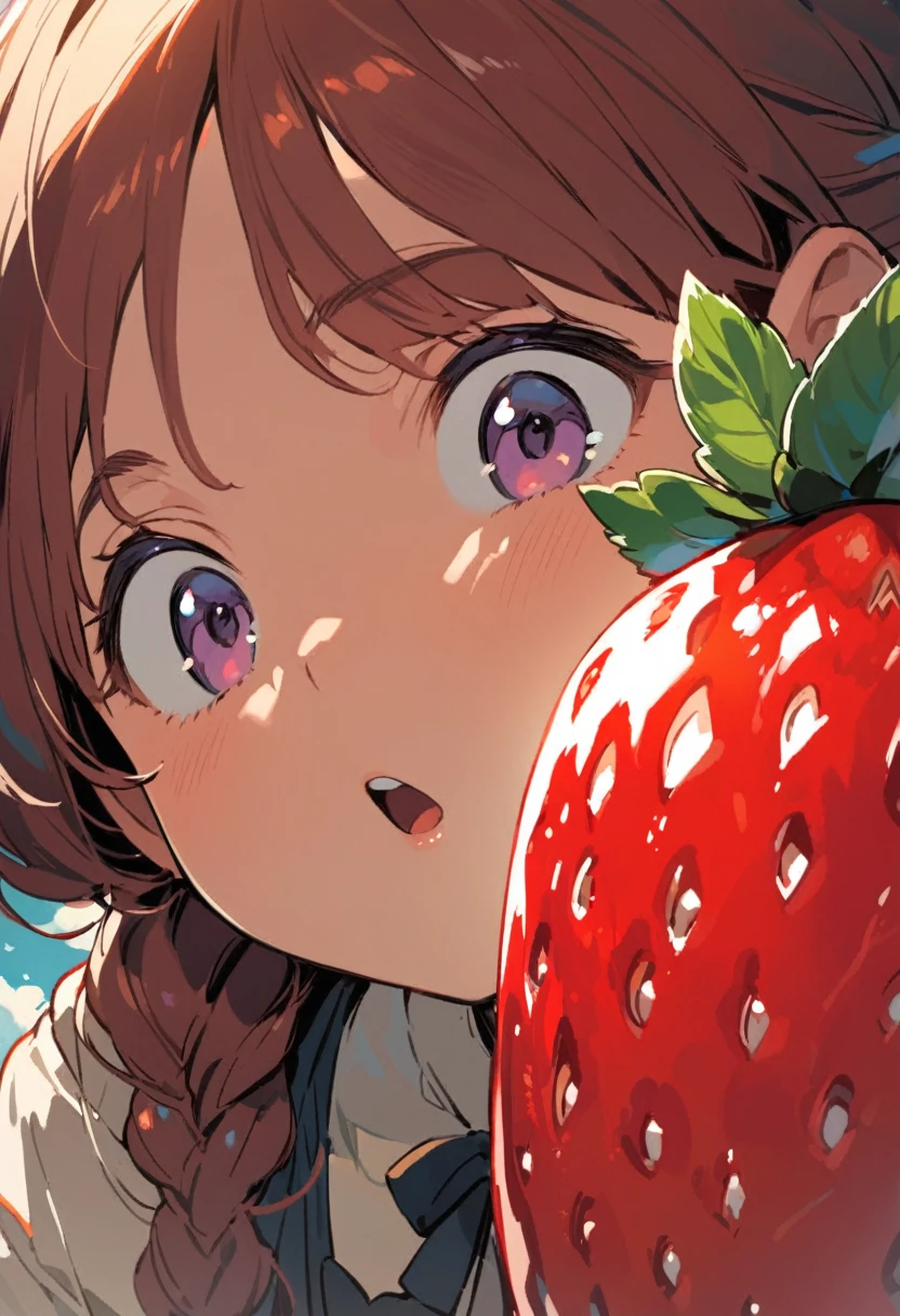 Ghibli, A girl is gazing longingly at a large strawberry with her mouth wide open, Face close-up