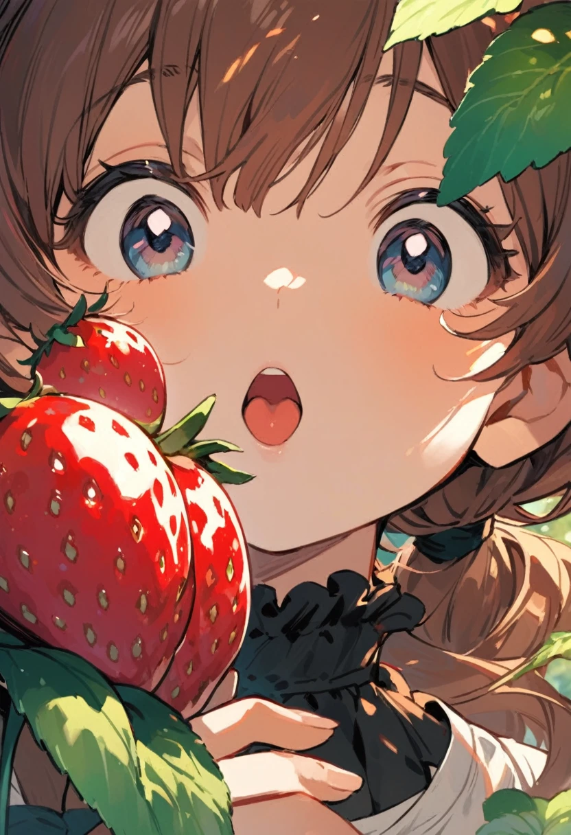 Ghibli, A girl is gazing longingly at a large strawberry with her mouth wide open, Face close-up