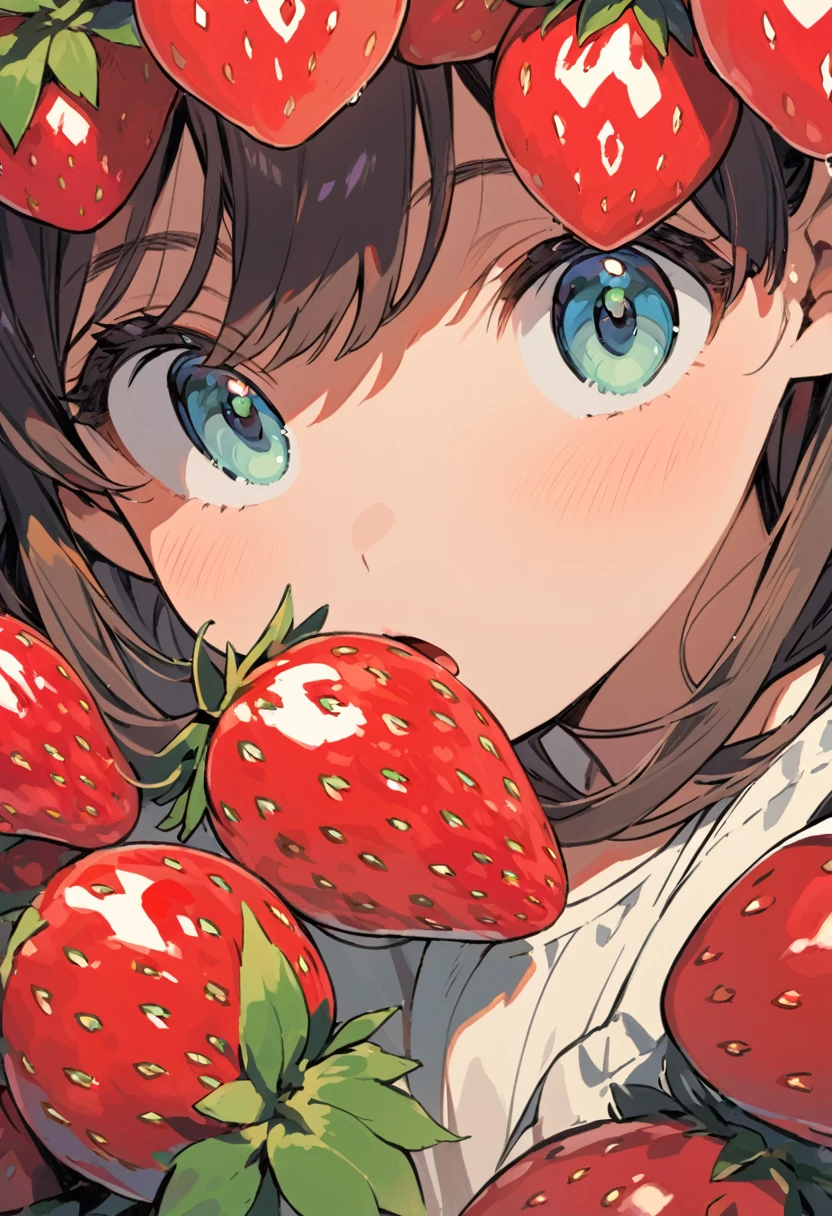 Ghibli, A girl is gazing longingly at a large strawberry with her mouth wide open, Face close-up