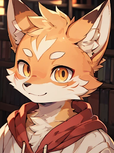 (Best image quality),(masterpiece),(((The only person))),(Very detailed),(Male fox:1.5), (Yellow skin:1.3), hairy,(Yellow fur:1.3),((Red pupil)) ,(Ears),(hairy 动物 耳朵s),((Wearing a white sweatshirt),In the library,Smile,Natural Lighting,Complex background,Delicate face,Details on the face,character focus,Detailed clothes,Upper Body,Depth of Field,Perfect lighting,Light Particles,Clear focus,Light Particles,Eye,Solitary