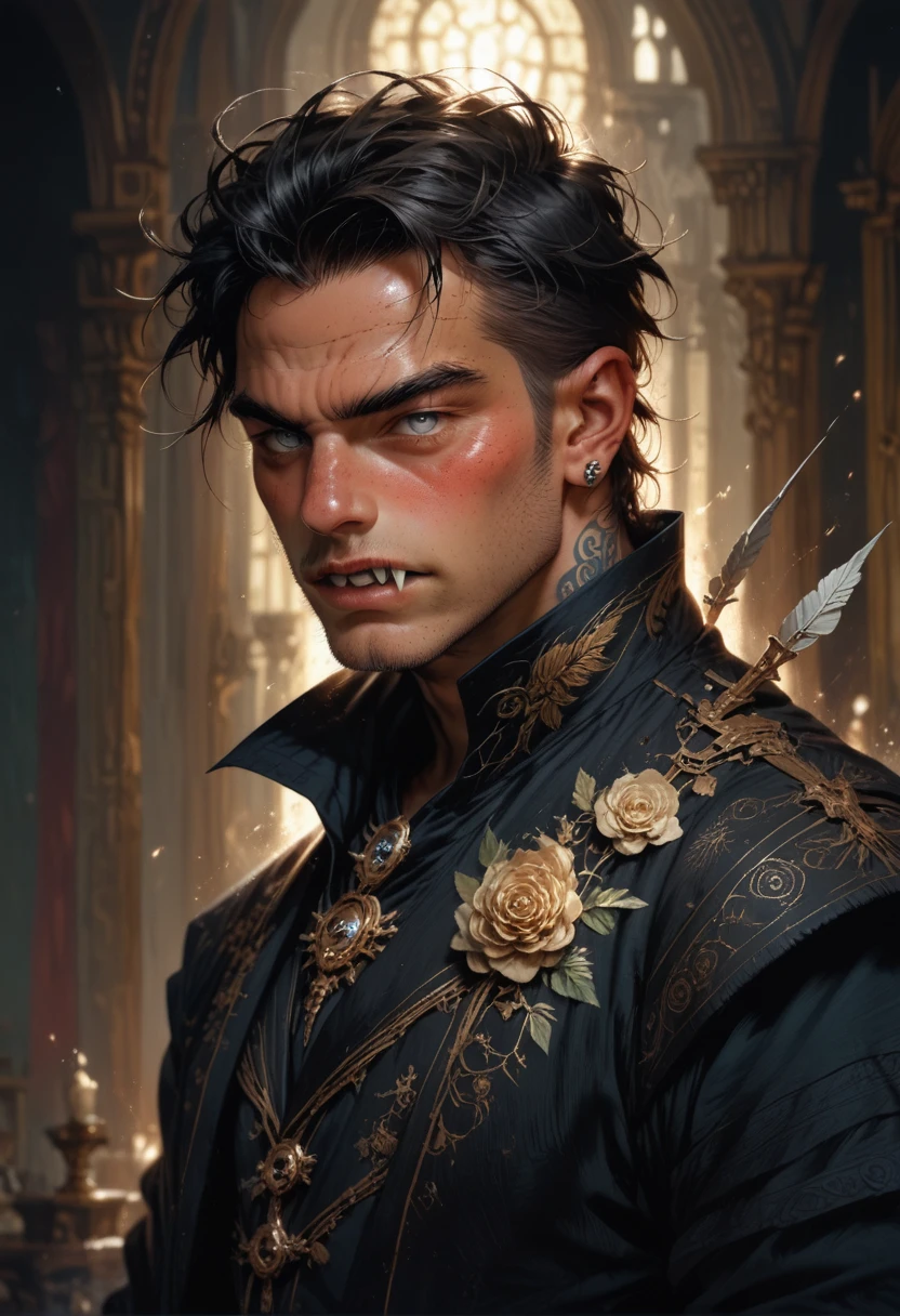 Stunning dark fantasy intricately detailed masterpiece in 32k, UHD, scene contains a 25 year old anime manga male vampire with pale skin, piercings, visibly tattooed with floral designs, fangs, in an intimatepose with long black hair grey eyes freckled skin, intimatelykissing a 25-year-old male on his back, giving an impression of a dark fantasy atmosphere, Dark fantasy romantic semirealistic manga comic style. Volumetric and dynamic lighting. Hyperdetailed photorealistic hyperrealisticStunning dark fantasy intricately detailed masterpiece in 32k, UHD,