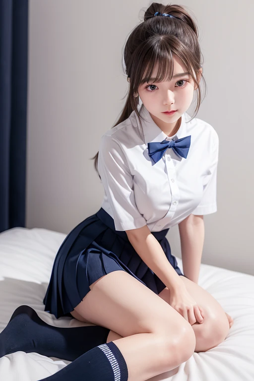 Real、Highest quality、cute、girl、high school student、ponytail、Brown Hair、Beautiful eyes、Beautiful Lips、Navy blue pleated skirt、White shirt、A bow tie、Black socks、Slightly larger breasts、Hanging from the wall、Bed in the room、Sitting with legs together、Skirts and socks scattered all over the place