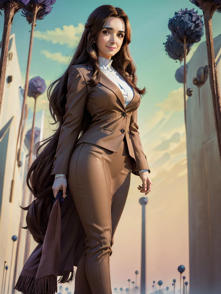 8k, Best Quality, Victoria Villarruel dressed in a suit as a lawyer, long dark brown hair, slim with wide hips, smiling warm expression. outdoor, clearing, plain, namek trees background.