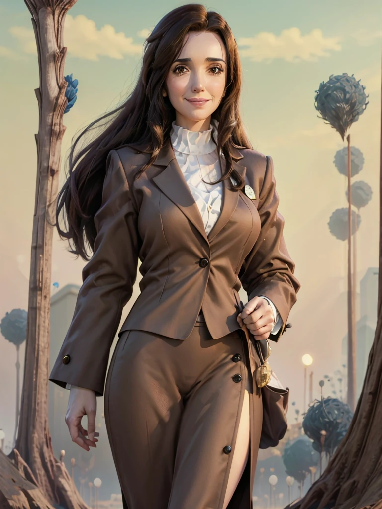 8k, Best Quality, Victoria Villarruel dressed in a suit as a lawyer, long dark brown hair, slim with wide hips, smiling warm expression. outdoor, clearing, plain, namek trees background.