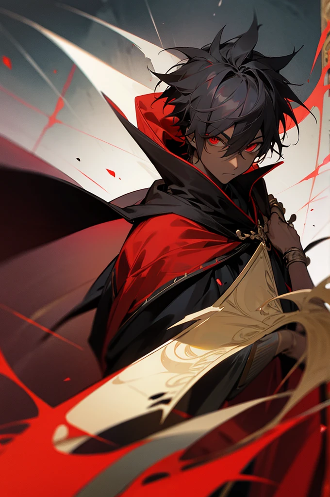 Male, black skin, red eyes, Cloak