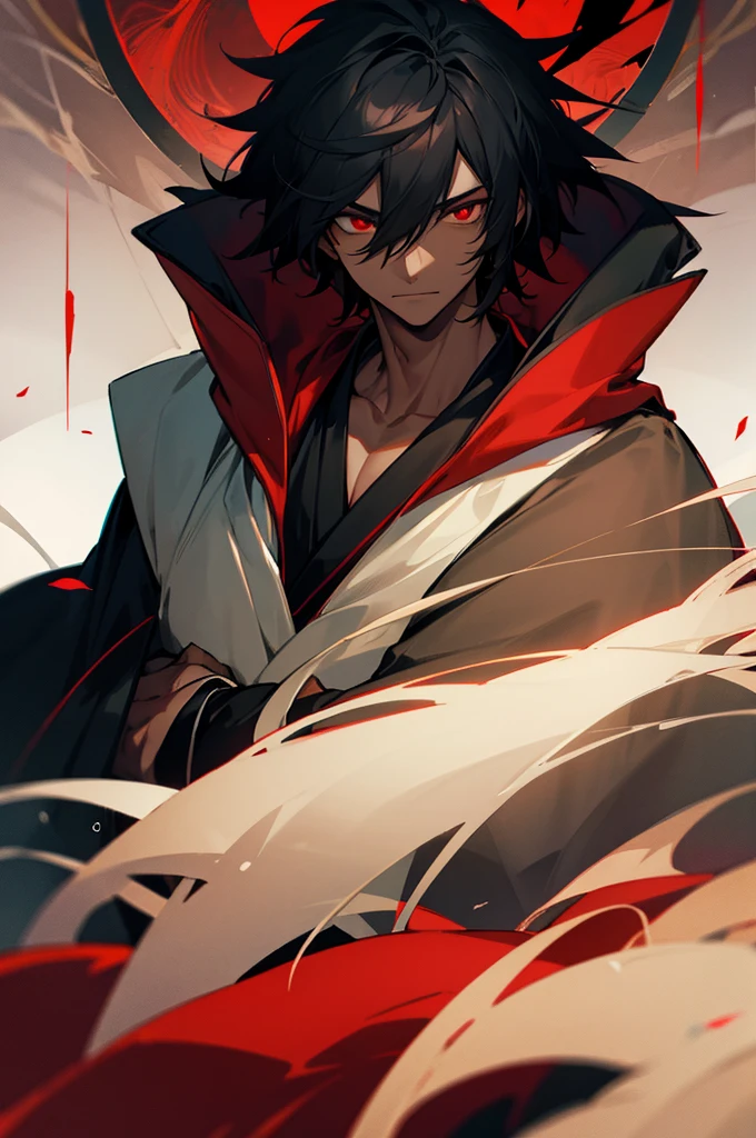 Male, black skin, red eyes, Cloak